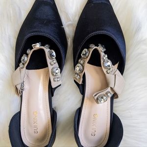 Black satin flats with diamond embellishments (size 6)